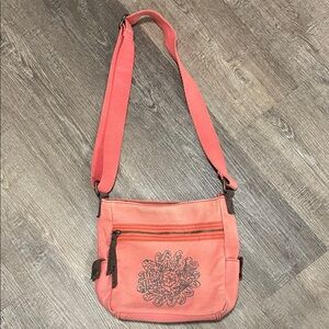 Life is Good  Orange-Coral Crossbody Bag with Floral Accent